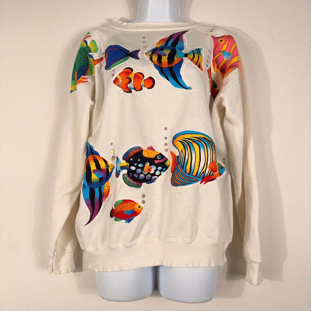 Cream Tropical Fish Appliqué Sequin Crewneck Sweatshirt Colorful Retro Style